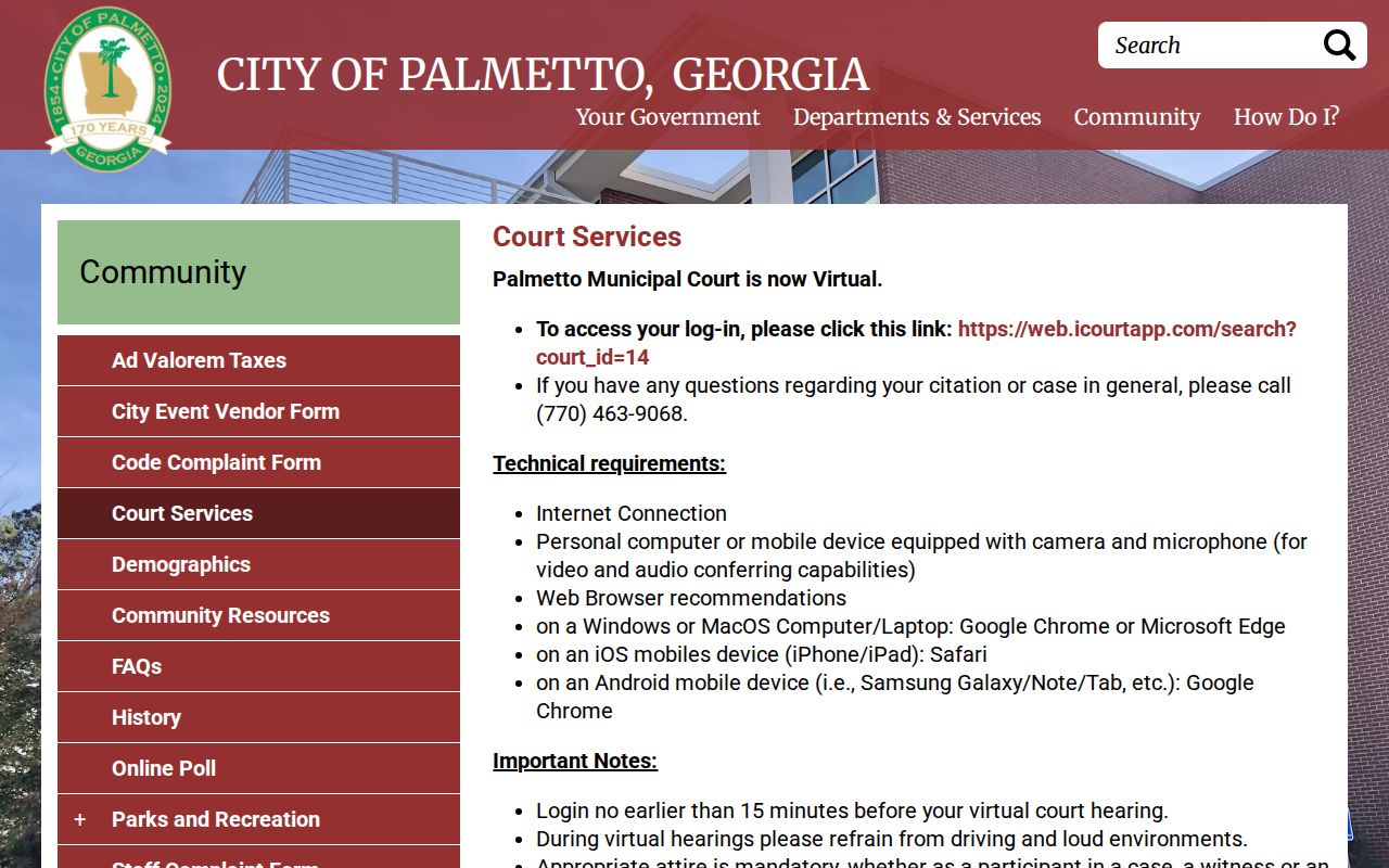 Palmetto Municipal Court warrant records and payment page