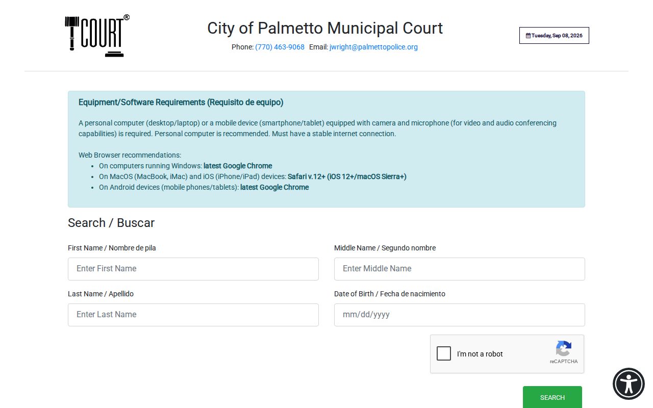 Coweta County municipal court warrant lookup form for Palmetto